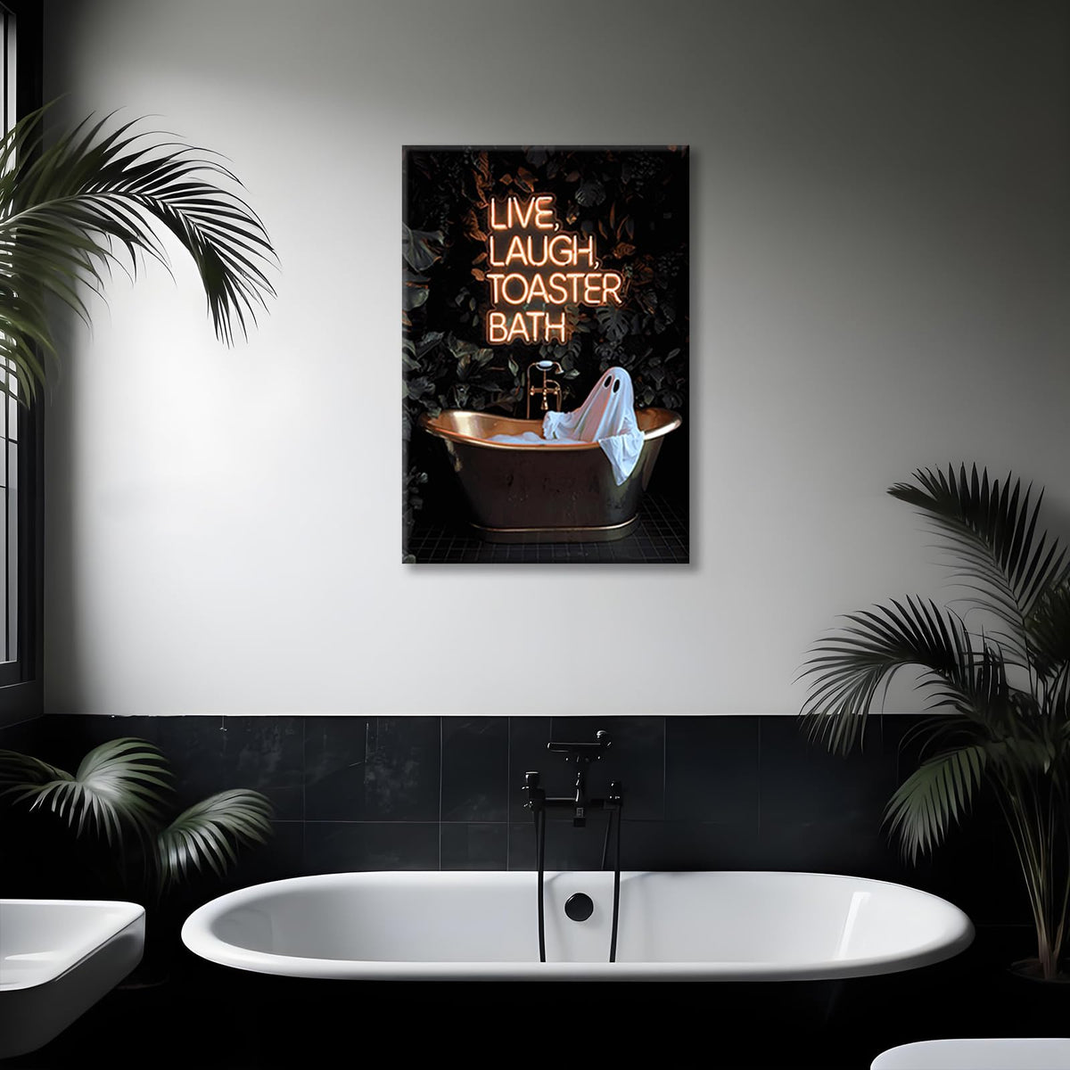 Gothic Ghost Wall Art Funny Live Laugh Toaster Bath Posters Dark Academia Halloween Decor Spooky Witchy Canvas Cute Ghost in Bathtub Prints Pictures for Bathroom Restroom Neon Sign 12x16inch Unframed