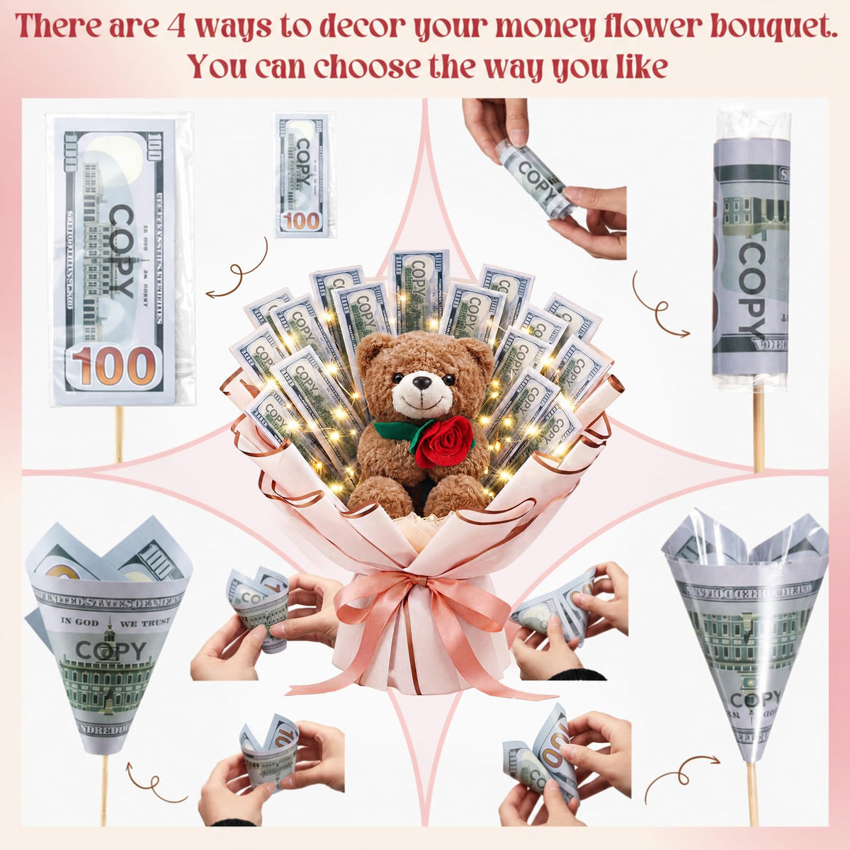 Mimorou DIY Money Bouquet Kit with Teddy Bear, Graduation 2026 Gift, Cash Flower Bouquet Wrapping Set for Birthday, Anniversary Present for Wife Grandma(Floral Bear,Pink Gold)