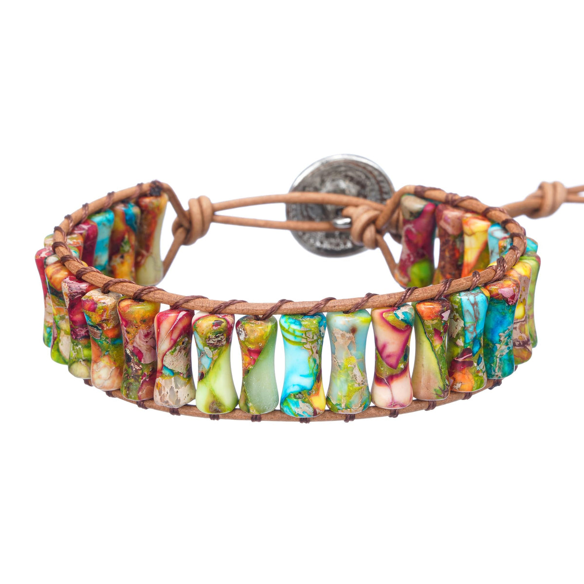 Plumiss Bohemian Colorful Imperial Stone Bracelet - Adjustable Leather Wrap Chakra Bracelet for Women Men, Handmade Colorful Energy Stone Yoga Jewelry Gift