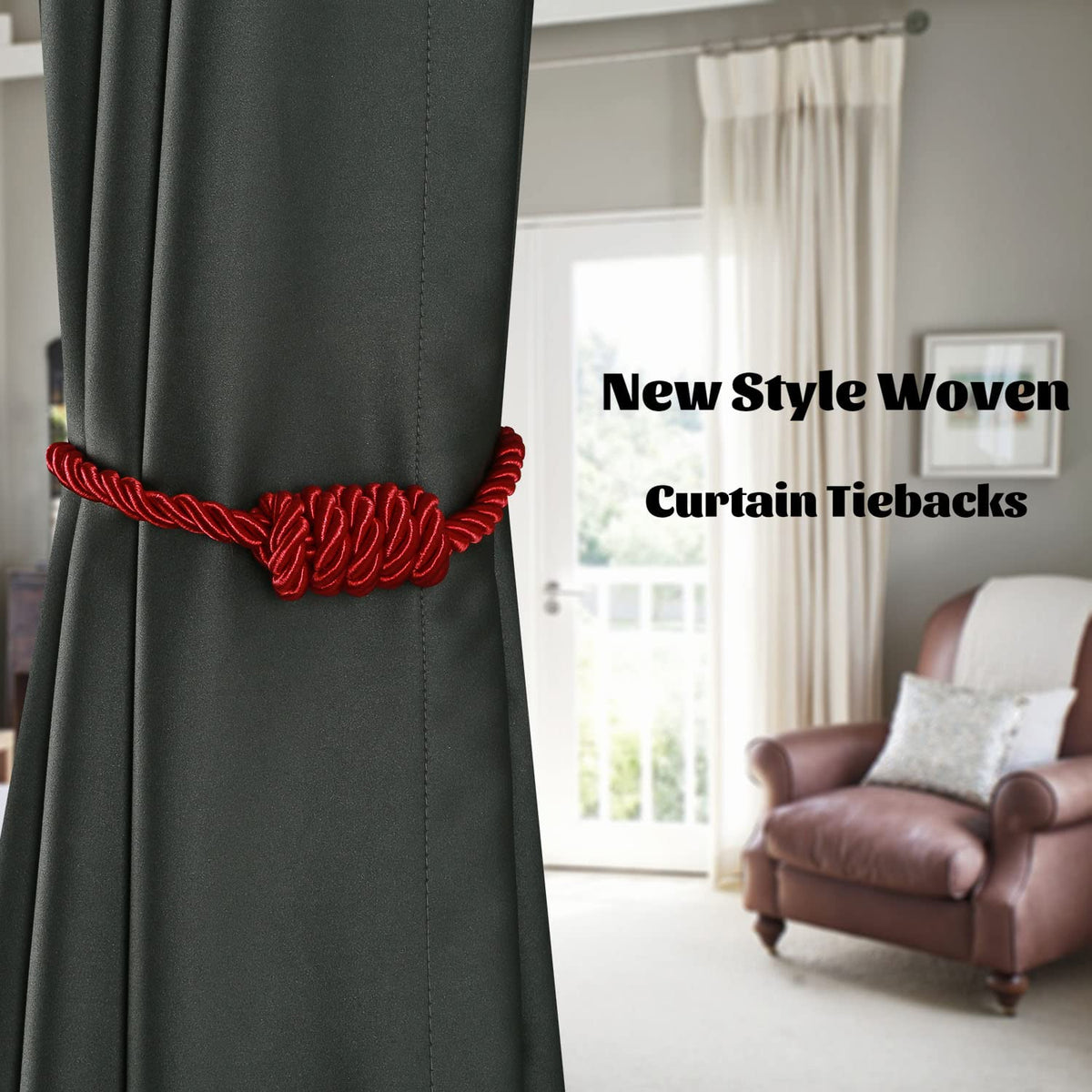 BEL AVENIR Magnetic Curtain Tiebacks, Decorative Drapery Holdbacks Modern Woven Tie-Backs with Exquisite Knot (Red, 4 Pack)