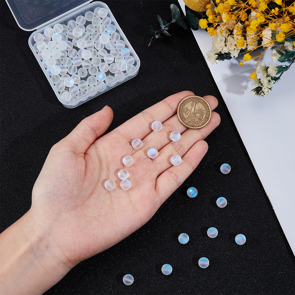 PONABEADIY 1 Box 120PCS 8MM Moonstone Matte Round Beads with Holes Iridescent Frosted White Clear Transparent Gemstone Stone Spacer Loose Bead Bulk for Jewelry Making Necklaces Bracelets DIY Craft