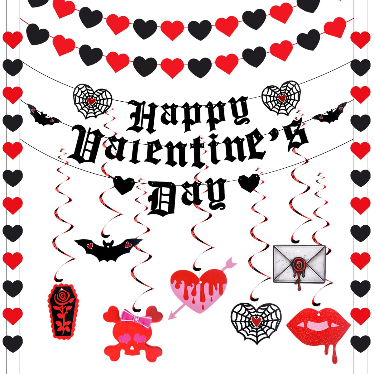 Janinka Gothic Valentines Decor Spooky Goth Valentine Day Decor Black Romantic Gothic Heart Garland Black Bat Theme Banner Garland Pre-assembled Hanging Heart Swirls for Wedding Engagement Anniversary