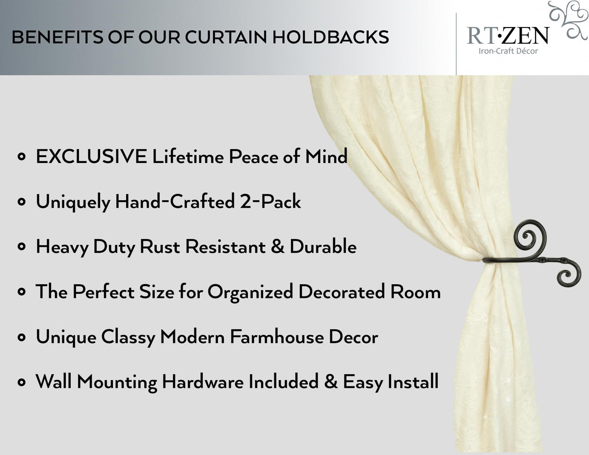 RTZEN Decorative Metal Curtain Tiebacks - Farmhouse Wrought Iron Curtain Holdbacks - Drapery Holders for Wall - Unique Metal Tie Backs for Curtains - 2 Pcs (Black Swirly)