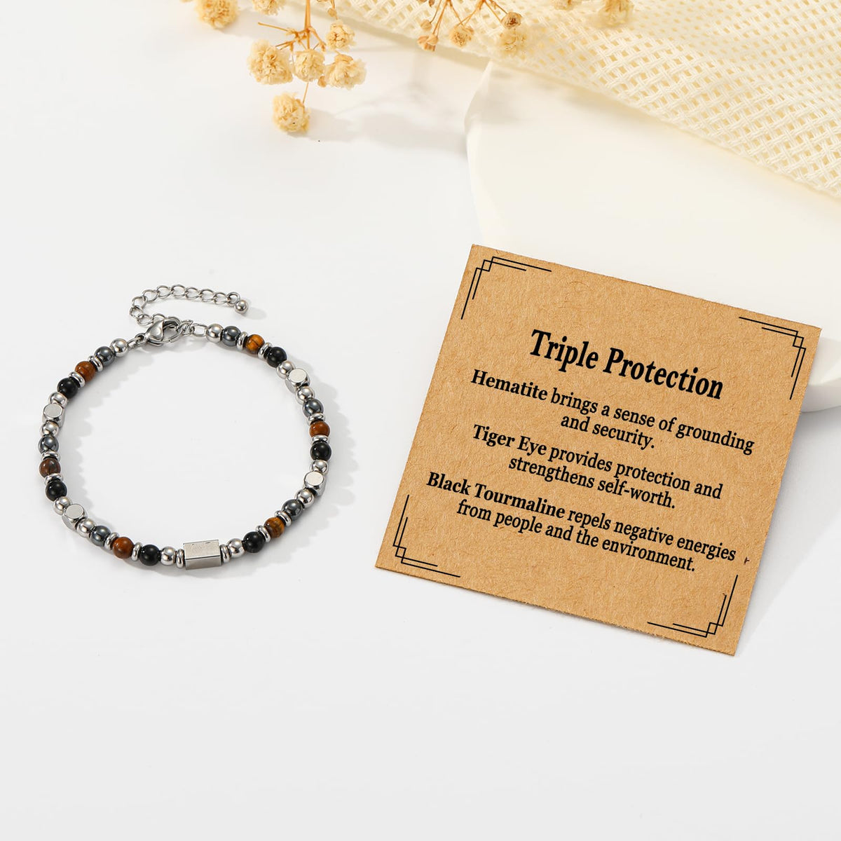 ESPVO Triple Protection Bracelet for Women Gifts Energy Hematite Black Tourmaline Tigers Eye Bead Crystal Healing Obsidian Guardian Piedra Turmalina Negra Jewelry Natural Stones Teens