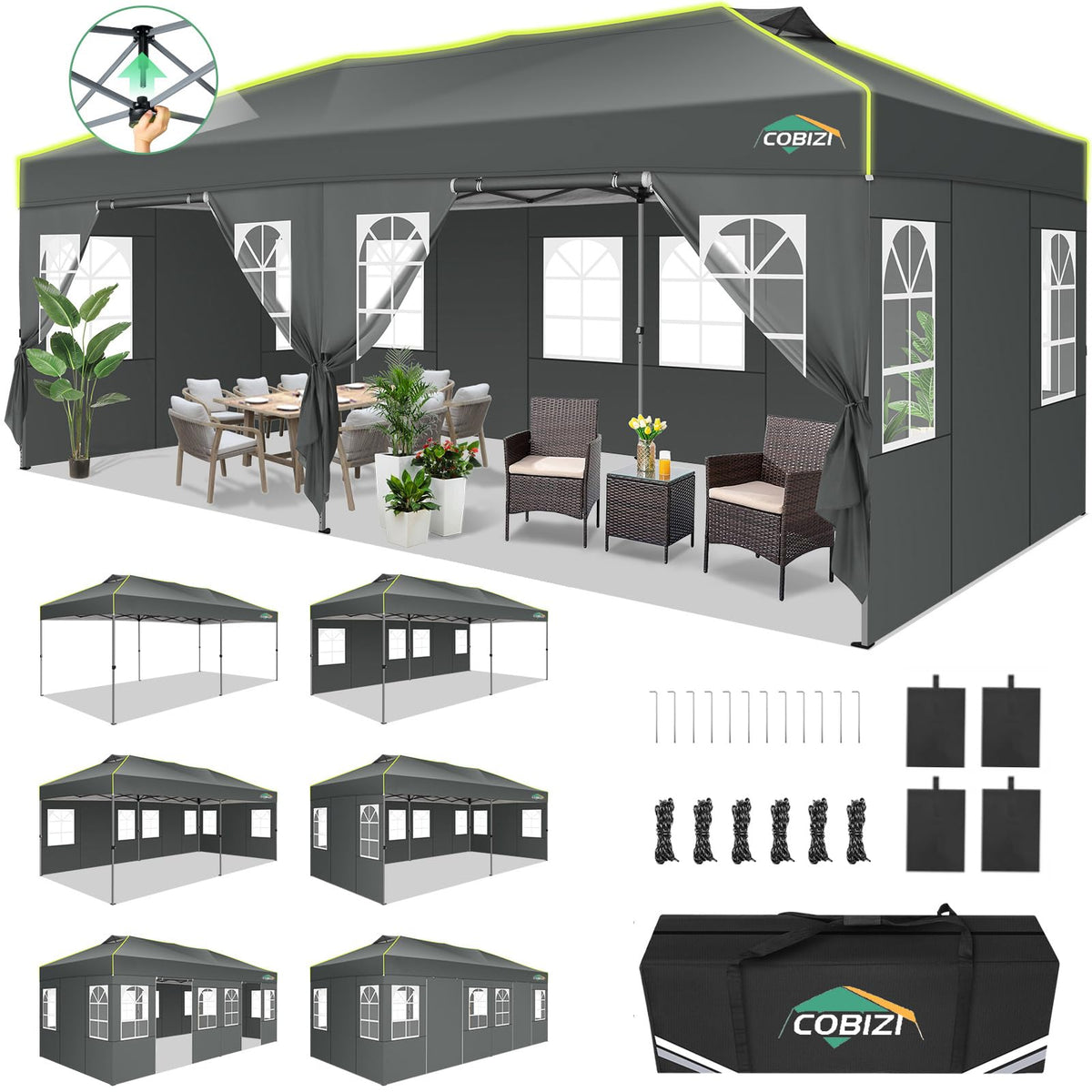 COBIZI 10x20 Pop Up Canopy Tent with 6 Removable Sidewalls, One Push Party Tent Outdoor Waterproof Event Canopy with Air Vent for Parties Commercial Wedding, 3 Height, Carry Bag, Sandbag, Gray