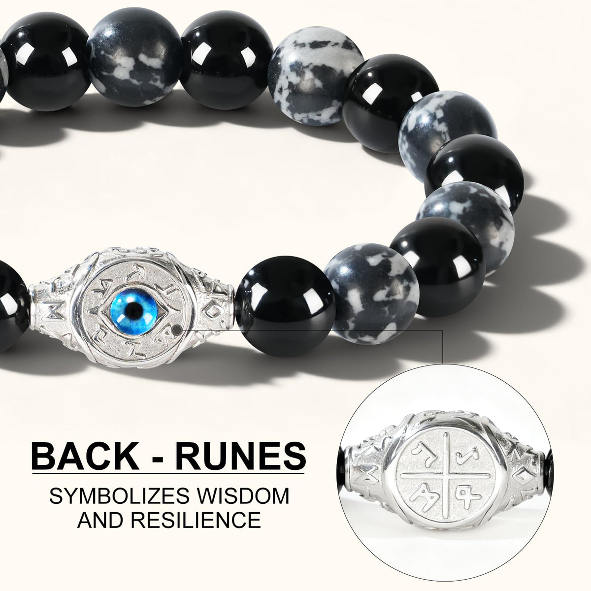 Men's Evil Eye Bracelet, 10mm Beaded Bracelet with Natural Gemstones, Adjustable Elastic Design, Gift for Anniversary, Christmas and Thanksgiving, Silver Obsidian/Tiger Eye/Hematite/Snowflake Obsidian/Black Agate