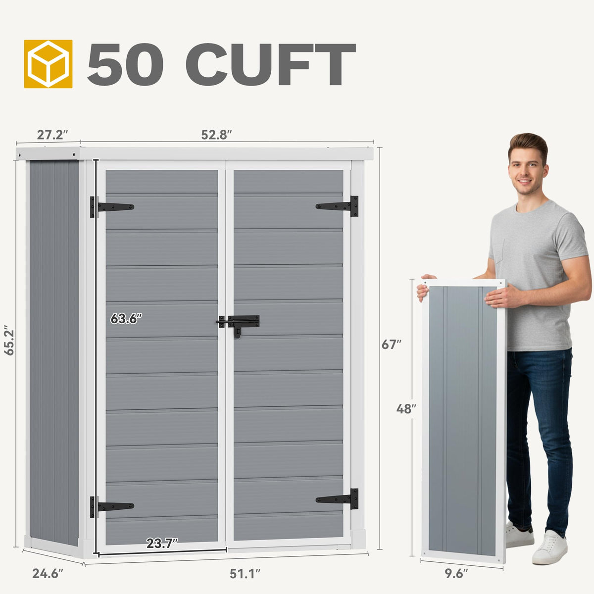 DWVO 50 Cuft Outdoor Tall Storage Shed with 2 Shelves, 4.3x2x5.5ft Vertical Tool Shed with Floor & Lockable Doors, Sturdy Double-Wall Plastic Cabinet for Garbage Cans and Garden Equipment (Gray)