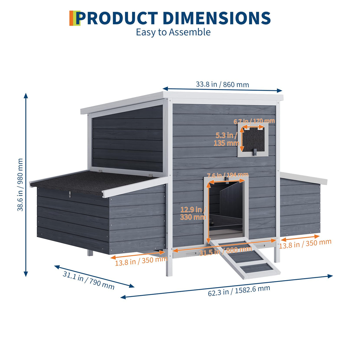 GarveeTech Wooden Chicken Coop with Nesting Boxes & Lockable Doors, Outdoor Chicken House, Weatherproof Roof Pet Cage for Guinea Pig, Rabbit, Duck - 62.2x38.6x38.6 in