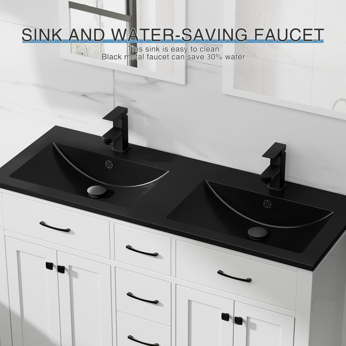 LUCKWIND 48" Modern Bathroom Vanity with Sink Combo, Contemporary Painted Storage Cabinet and Double Black Sink, Include Soft-Closing Doors & Matte Black Faucet, White
