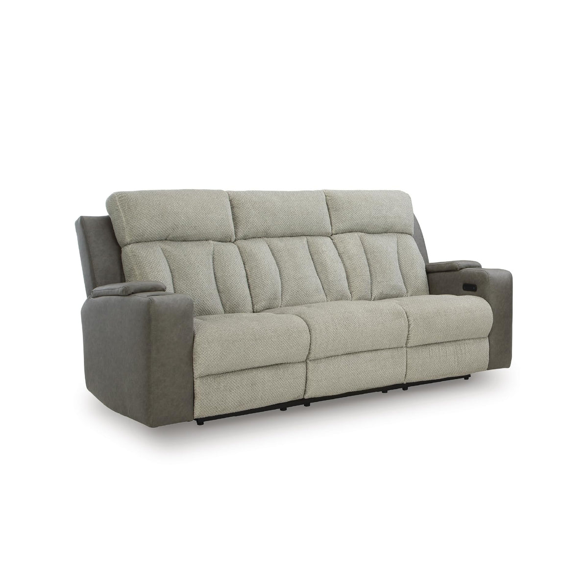 Signature Design by Ashley Point Clear Transitional Faux Leather Power Reclining Sofa with Drop Down Table, Lumbar Massage, LED Lights and Adjustable Headrest, Gray & Beige