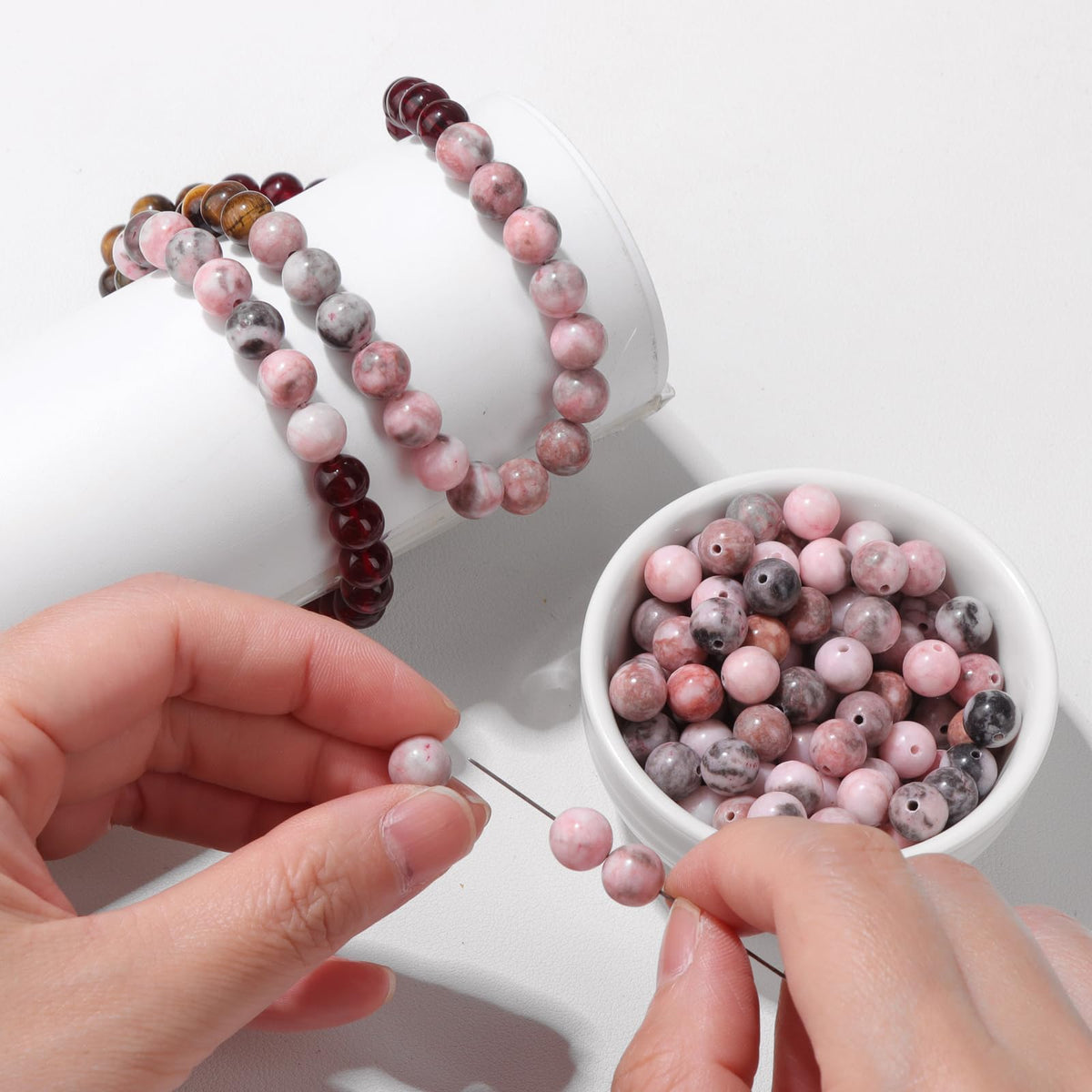 Risyfjew 50PCS 8mm Natural Pink Zebra Jasper Beads Gemstone Round Loose Beads for Jewelry Making Chakra Crystal Stone Beads for Bracelets Necklace Earrings Making Supplies (50pcs/Strand)
