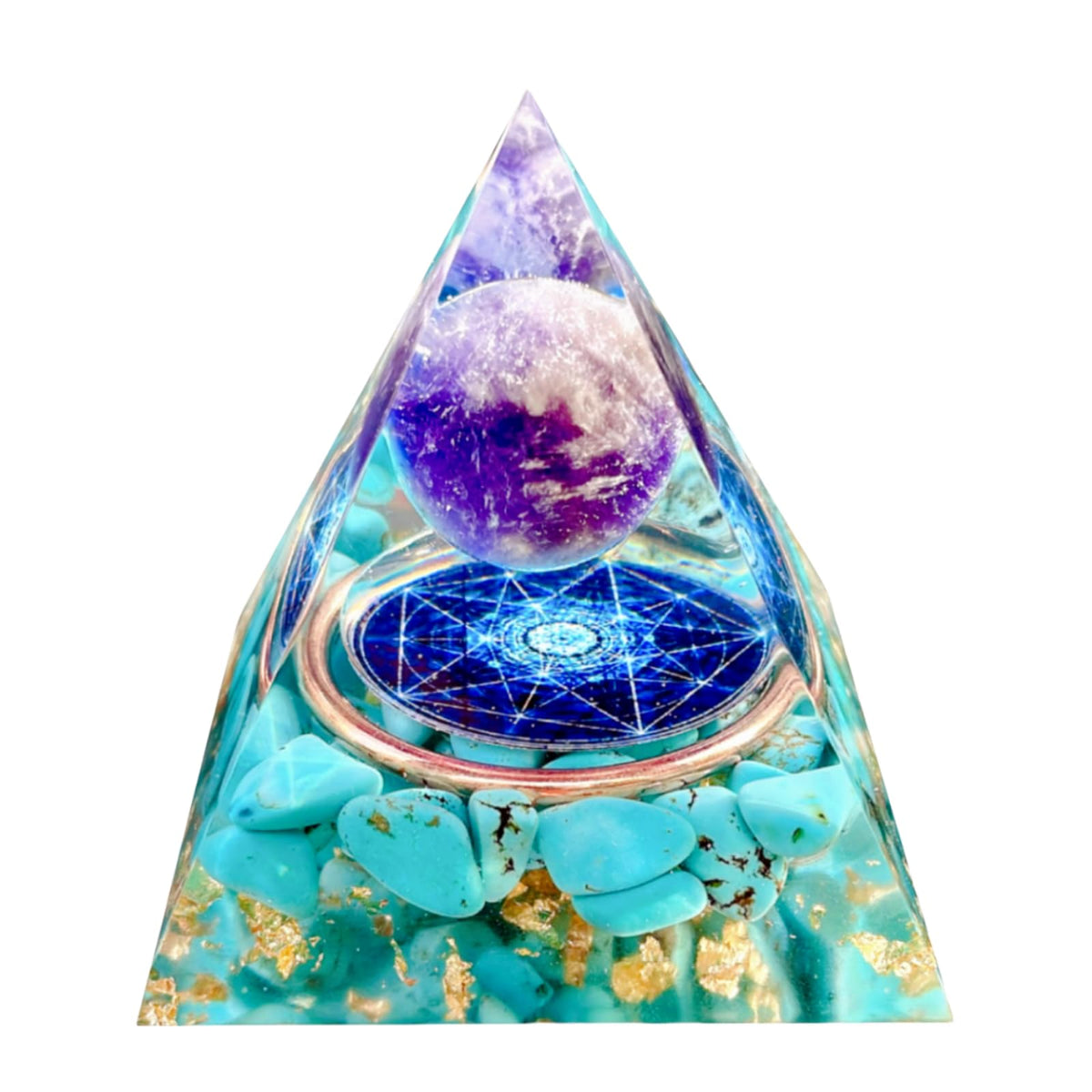 Saefheled Orgone Pyramid Energy Generator,Natural Amethyst&Turquoise Orgonite Crystal Healing Pyramids for Reduce Stress Chakra Reiki Healing Meditation Attracts Lucky and Success, Wealth&Health(6cm)