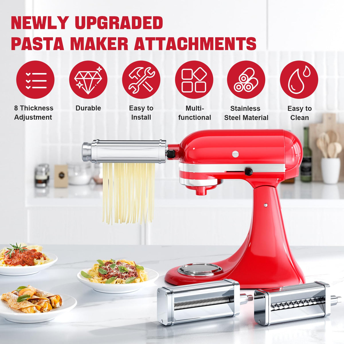 Pasta Maker Attachments Set for all KitchenAid Stand Mixer, including Pasta Sheet Roller, Spaghetti Cutter, Fettuccine Cutter, KSMPRA 3-Piece Pasta Roller & Cutter Set