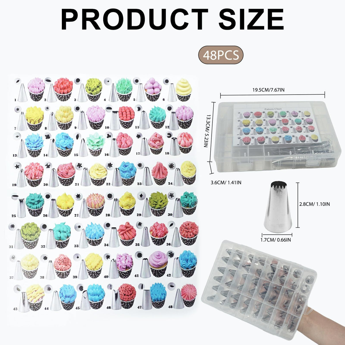 Vvluvva Piping Tips Set with Organizer Case, Stainless Steel Cake Decorating Tips for Cupcakes Cookies and Pastries, Cookie Icing and Buttercream Frosting Kit with Pattern Chart (A-48Pcs)