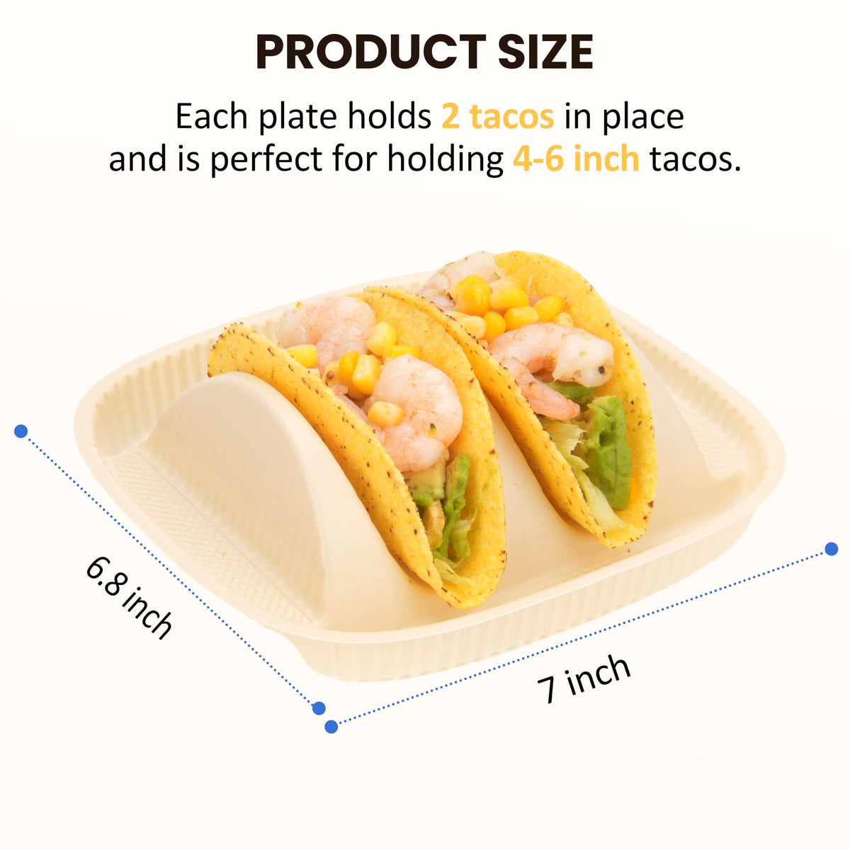 50-Pack Disposable Taco Plates for 2 Tacos - For Most 4-6 Inch Small Hard Shells - Biodegradable Cornstarch Holder Plates - Microwave Safe - Ideal for Fiesta, Bar, Party