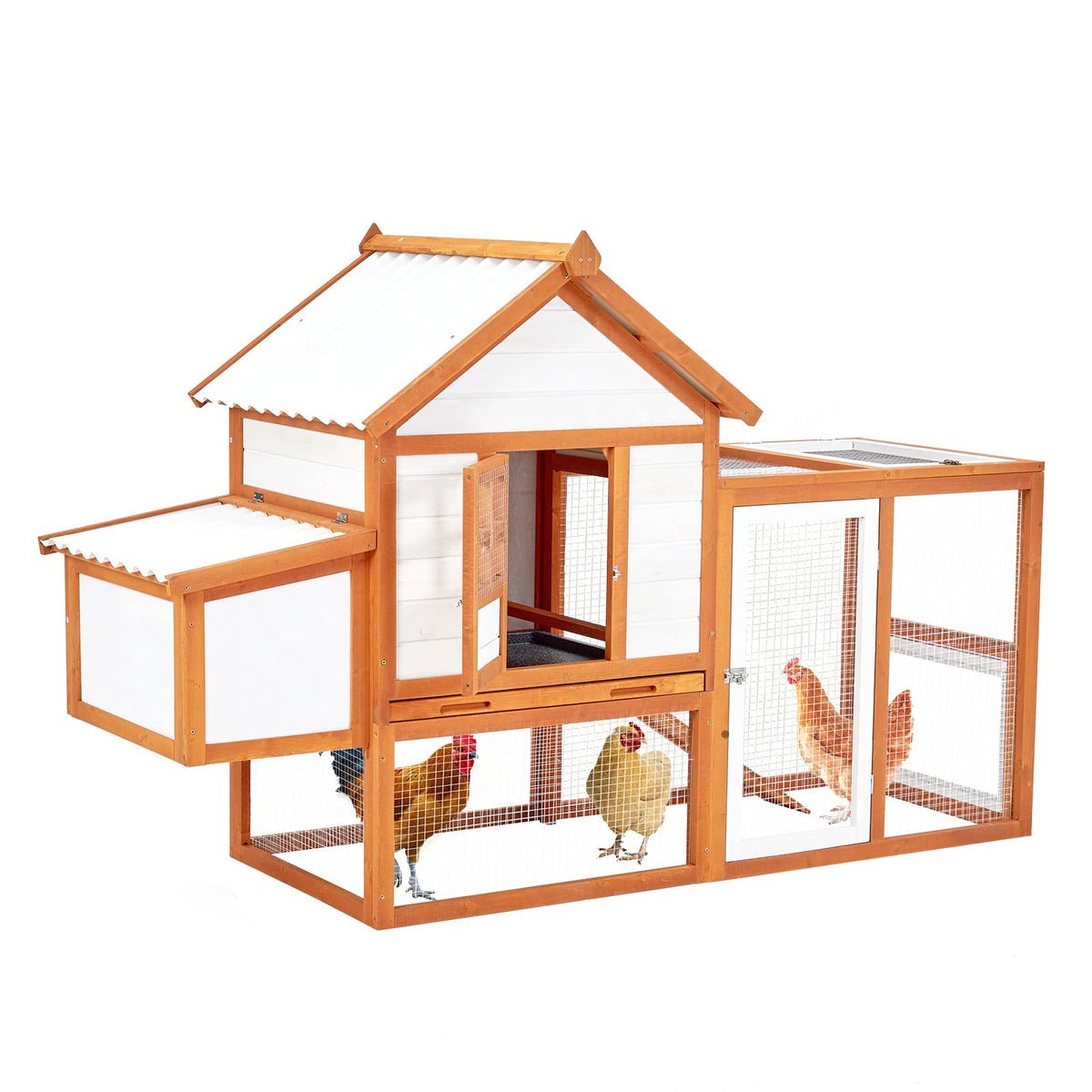 Chicken Coop with Nesting Box and Run, Wooden Outdoor Hen House, Chicken House with Ramp, 5 Access Doors, Removable Tray and Galvanized Wire for Backyard Poultry, Rabbit Hutch
