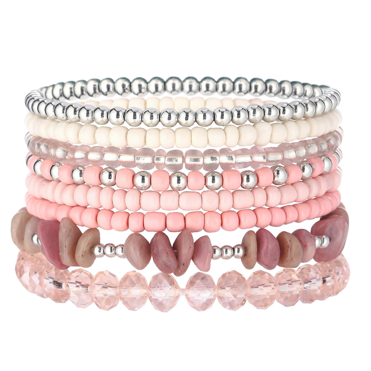 Noessla Boho Beaded Bracelets for Women Stackable Irregular Natural Stone Bead Stretch Bracelet Set 8PCS Costume Jewelry Gifts for Her(Pink)