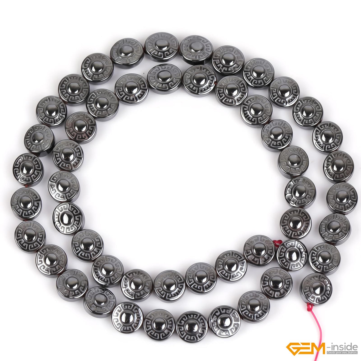 GEM-Inside 46pcs 8mm Natural Black Hematite Double Side Carved Maya Sun Sign Coin Beads for Bracelet Necklace Jewelry Making Power Energy Chakra Beads