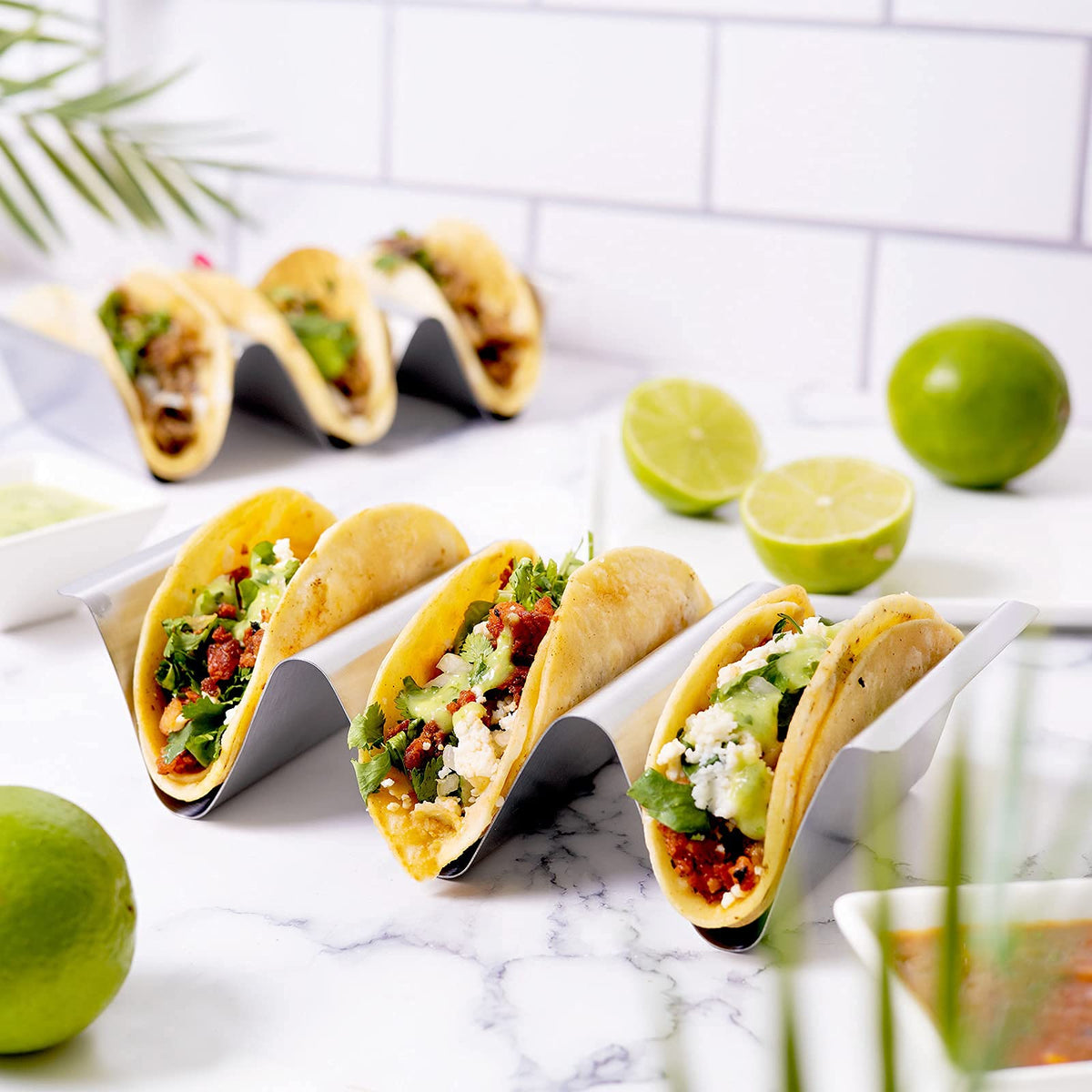 RTT Stainless Steel Taco Holder Stand, Set of 6 - Stylish Rack Holds Up to 3 Tacos Each, Keeping Shells Upright - Oven, Grill and Dishwasher Safe