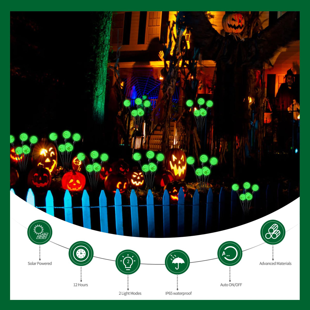 MOUOUSO Solar Halloween Lights，2 Pack Outdoor Halloween Decorations Lights, 12LED Green Eyeball Swaying Lamps for Garden Decor, Yard, Lawn, Party Decorations