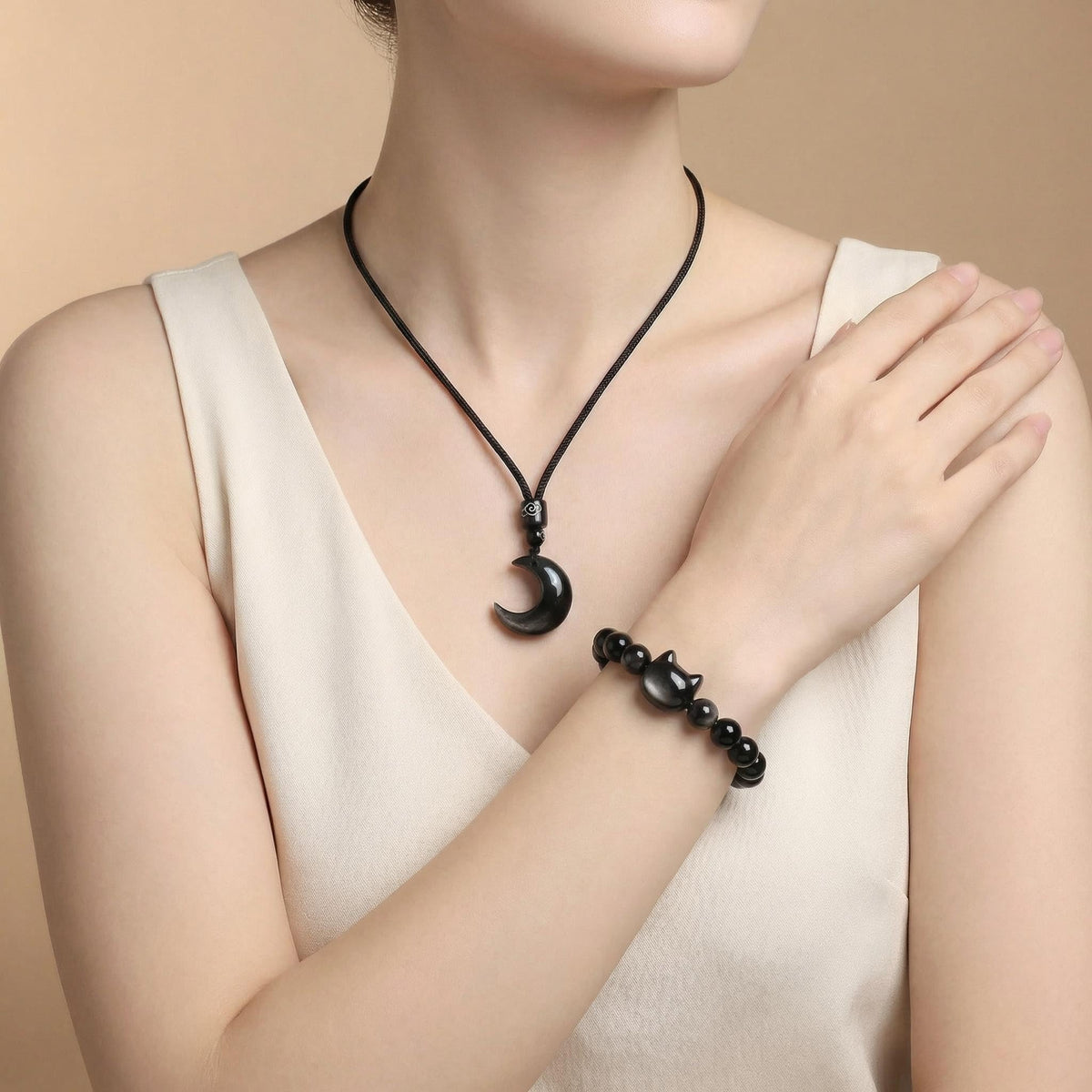 Black Obsidian Cat Bracelet and Moon Pendant Necklace Jewelry Set-Cat Lover Gifts,Wealth Attraction,Good Luck,Bead Bracelet,Mindfulness,Beaded Bracelets, Obsidian Pendant Necklace-Cute Gifts for Women