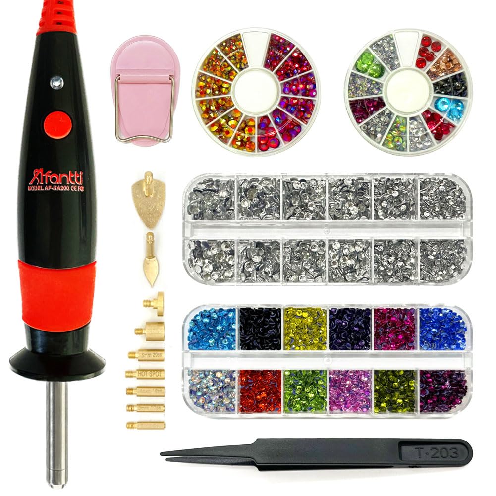 Afantti Hotfix Applicator Setter Wand Bedazzler Tool Kit with | 9 Tips | & | 5000pcs Hot Fix Rhinestones | for Clothes Shoes Hats Fabric Crafts