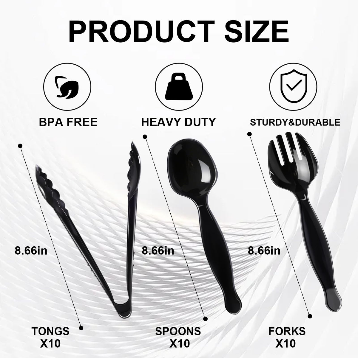 ALEXPRE 30 Pcs Disposable Black Plastic Serving Utensils,10 Set Including 9" Plastic Serving Spoons, Forks and Tongs for Dinner Parties, Buffets,Banquets, Events, Weddings, and Daily Use