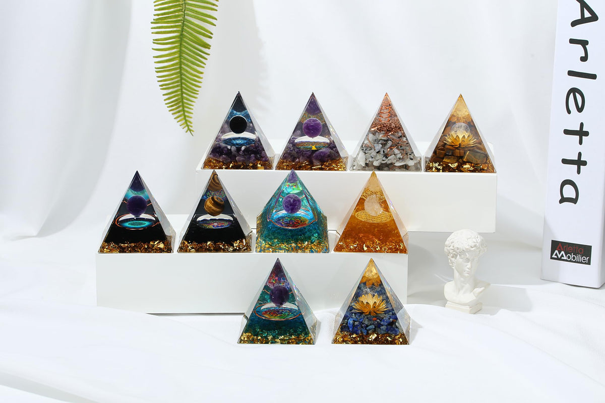 YATOJUZI 2.4" Orgone Pyramid Crystals Amethyst Obsidian Chakra Reiki Orgonite Gemstones for Positive Energy Reduce Stress Attracts Lucky Wisdom Success Suit for Yoga Meditation Indoor Handmade Decor