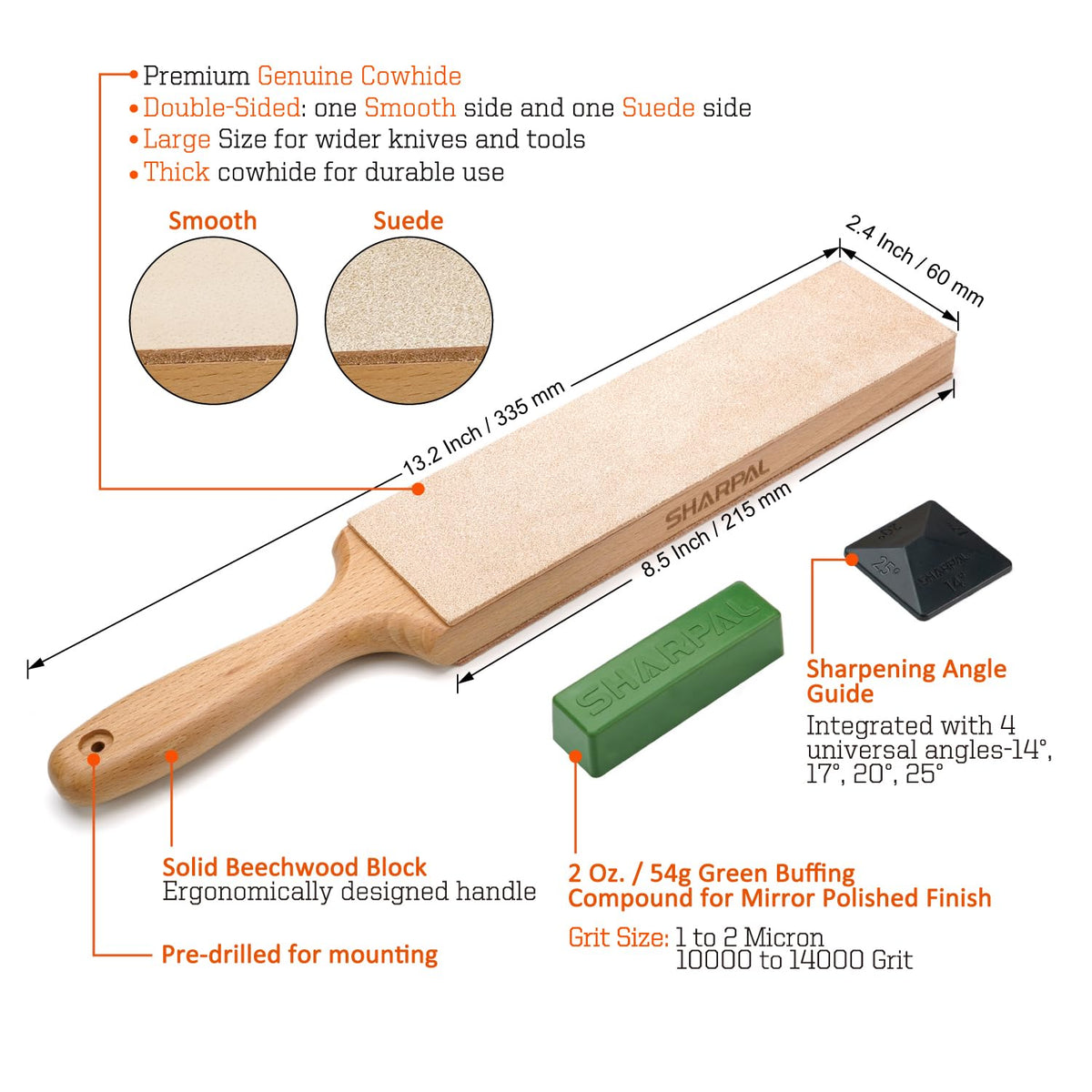 SHARPAL 205H Double-sided Leather Strop (Genuine Cowhide) 13.2" x 2.4" Kit with 2 Oz. Polishing Compound & Angle Guide, Knife Stropping Block for Sharpening & Honing Knives tools, Woodcarving Chisels