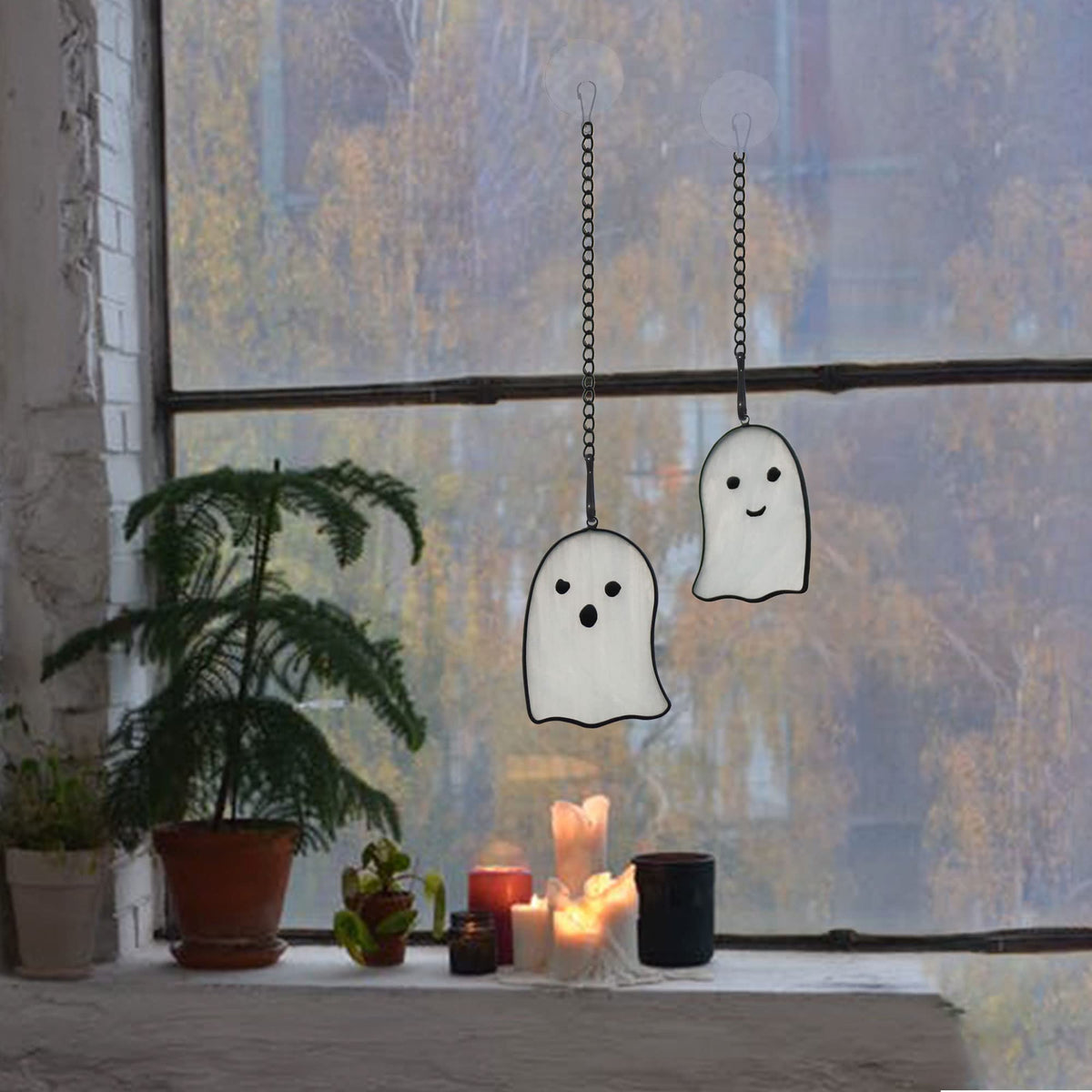 BOXCASA Ghosts Stained Glass Window Hangings,Funny Ghosts Stained Glass Suncatcher Gifts for Girls Boys Women Kids, Cute Ghosts Decor Halloween Ornament for Window,Set of 2