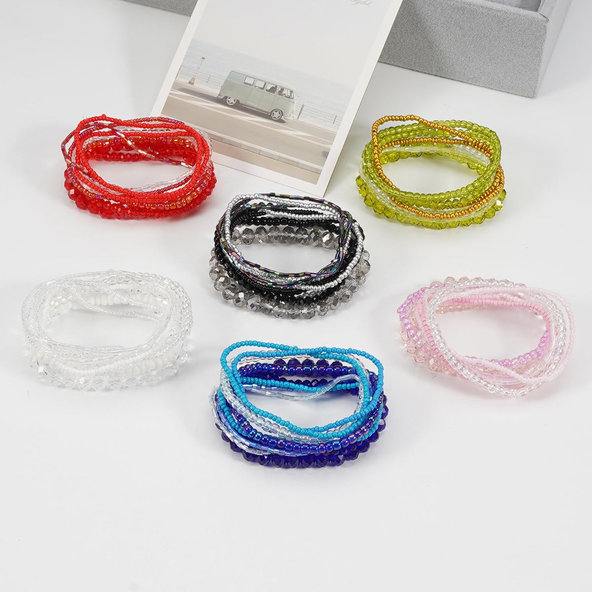 ChungLong0593 Boho Colorful Stackable Crystal Glass Beads Stretch Bracelets Multilayered Bracelets for Women Bohemian Jewelry-Black 9pcs