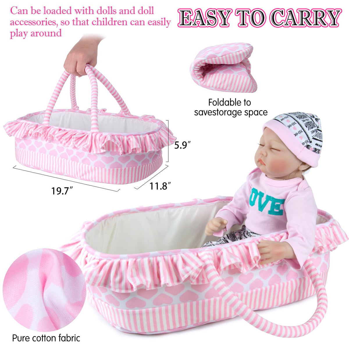 PEDOLLTREE 12 Pcs Reborn Baby Dolls Clothes Girl Outfit Accessories for 17-22 Inch Reborn Doll Newborn Girl with Pink Love Heart Bassinet