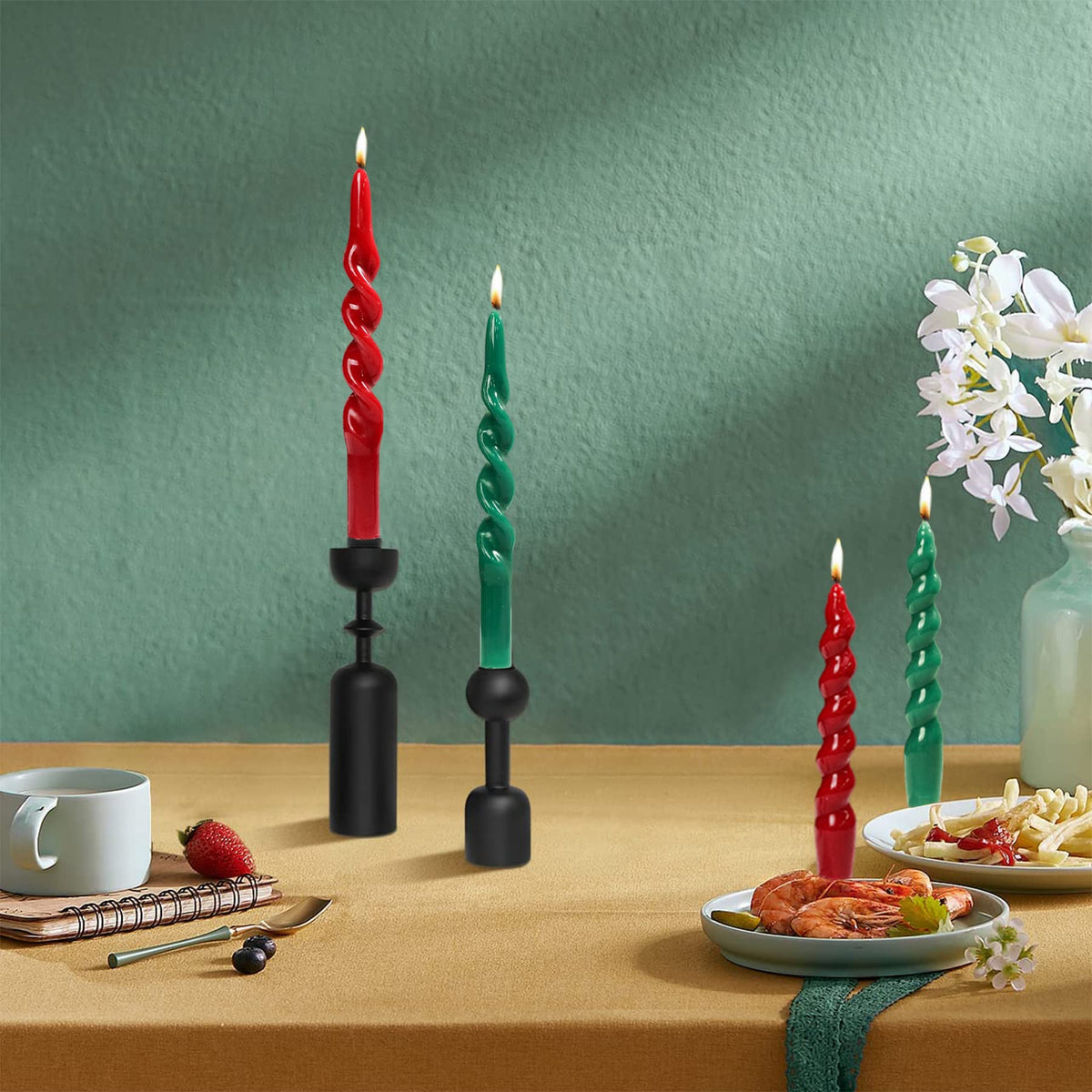 MAITREYA Christmas Taper Candles Conical Stick Candles Spiral Candles-Set of 4 for Decoration Weddings Party Church-Unscented Dripless Candles,10inch(C-Green,Red)