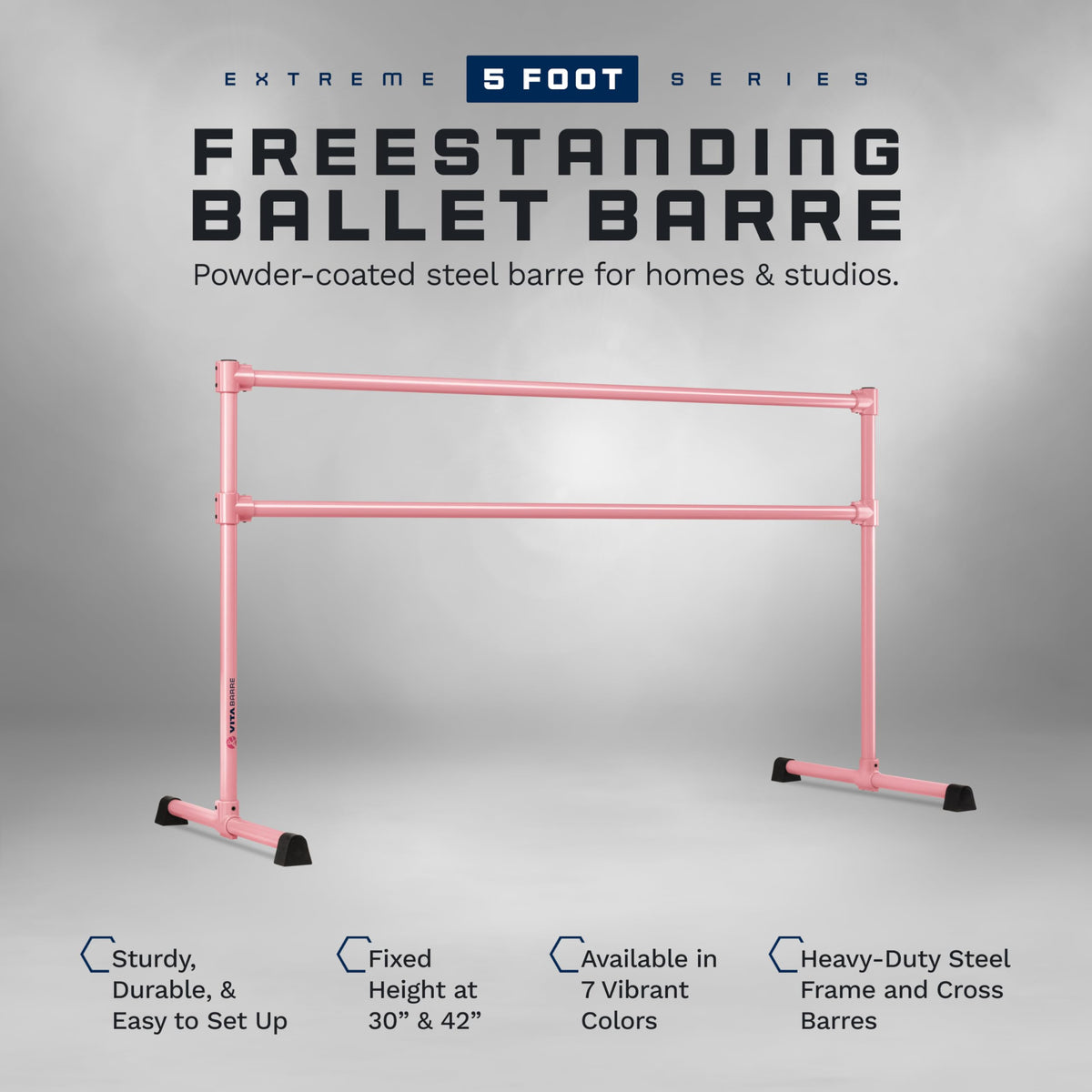 VITA Barre Portable Freestanding Double Ballet Barre, Extreme, 5 Ft Bars, Light Pink, Steel | Fixed Height, Made in USA, Home or Gym Exercise Equipment for Kids & Adults | Dance, Fitness, Pilates