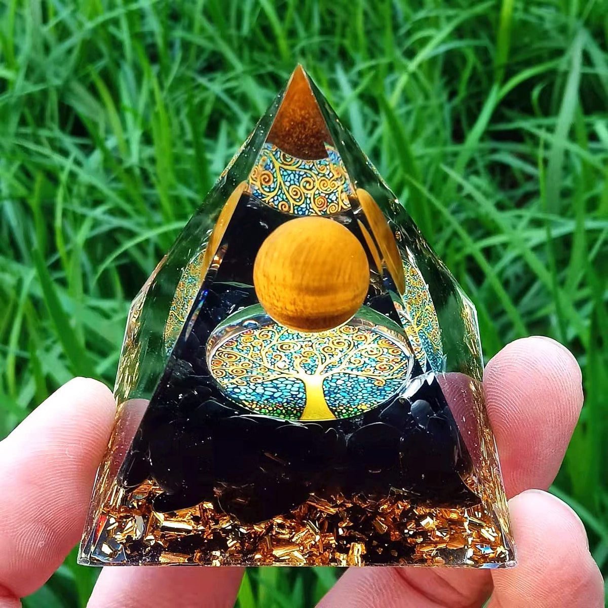 ycyingcheng Moonstone Crystal Orgone Pyramid Ogan Crystal Energy Tower, Nature Reiki Chakra Crushed Stone Jewelry, Crystal Pyramid for Home Decor (Obsidian)