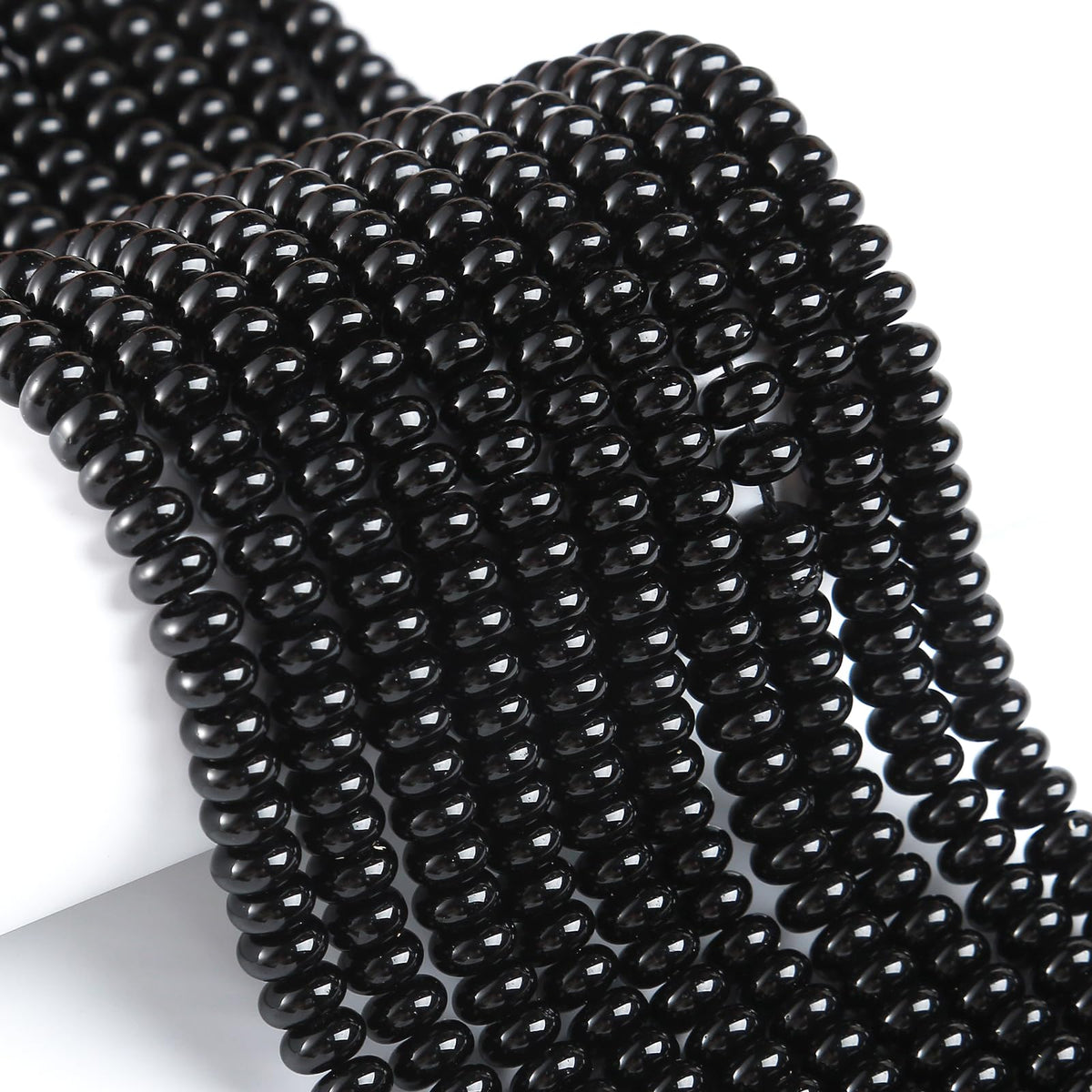 76pcs 5x8mm Natural Stone Black Agate Rondelle Spacer Loose Beads Abacus Disk Stone Round Loose Gemstone Beads for Jewelry Making DIY Bracelet Necklace