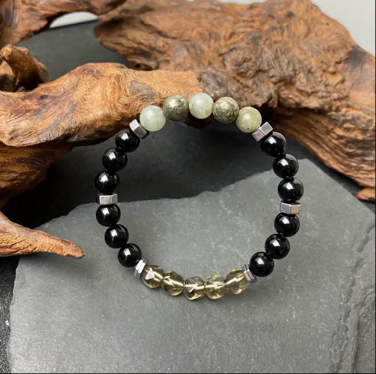 TUQBA Manifestation and Protection Beaded Crystal Bracelet for Men and Women Natural Stone Jewelry with Onyx, Smoky Quartz, Pyrite, Labradorite Mothers Days Gift, Christmas, Baptism, Birthday