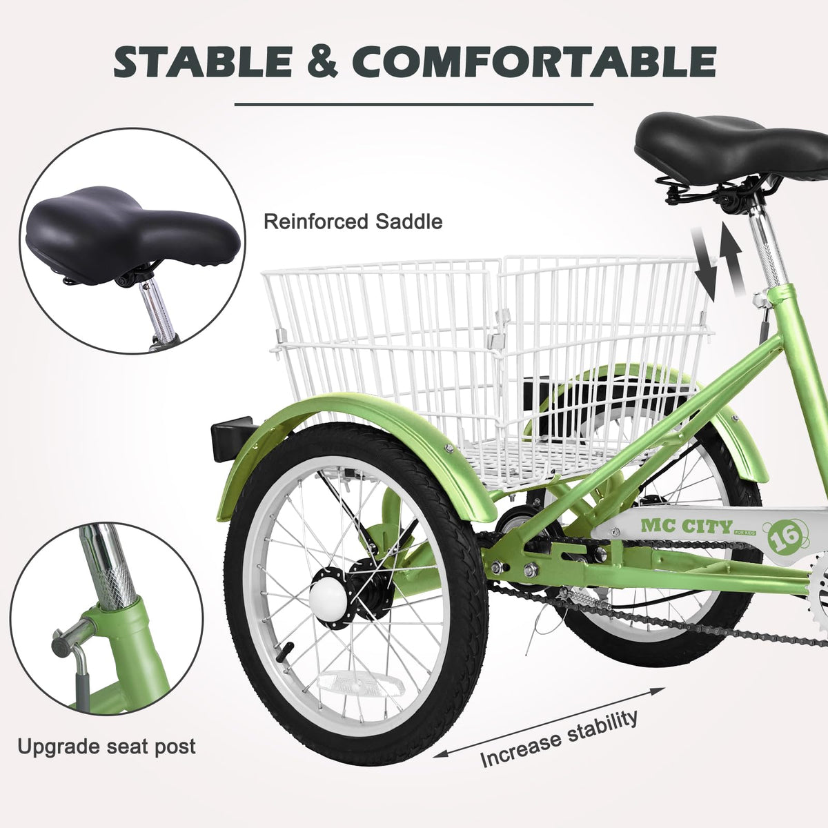 H&ZT Adult Tricycle, 3 Wheeled Bike, Trike Cruiser Bike, with 7-Speed Gear, Parking Brake Handle, Low Step, Large Rear Basket, Elderly Friendly, for Men, Women, and Teens