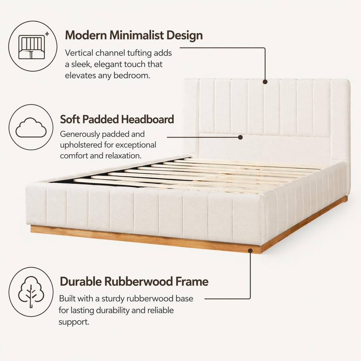FammyLoft King Size Bed Frame, Elegant Striped Fabric Upholstered Bed Frame, Minimalist Bed Frame with Padded Headboard, 800 lbs Support, Modern King Bedroom Furniture,Beige