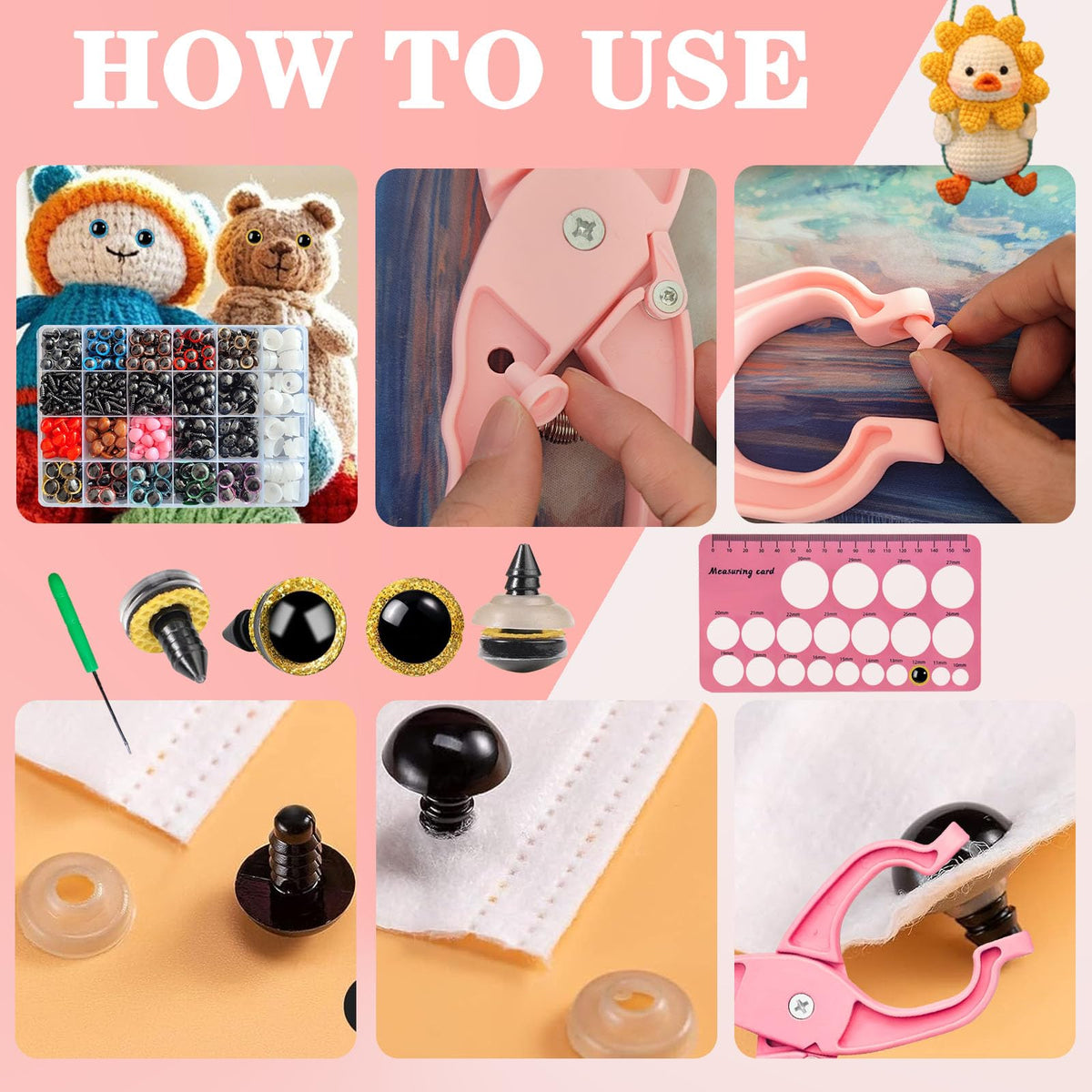 Safety Eye Tool Kit for Amigurumi & Crochet-1150PCS 3D Glitter Safety Eyes,5-30mm Stuffed Animals Safety Eyes Doll Making Supplies,Safety Eye 10-30mm Sizer Tool,Ergonomic Design for Crafting (Pink)