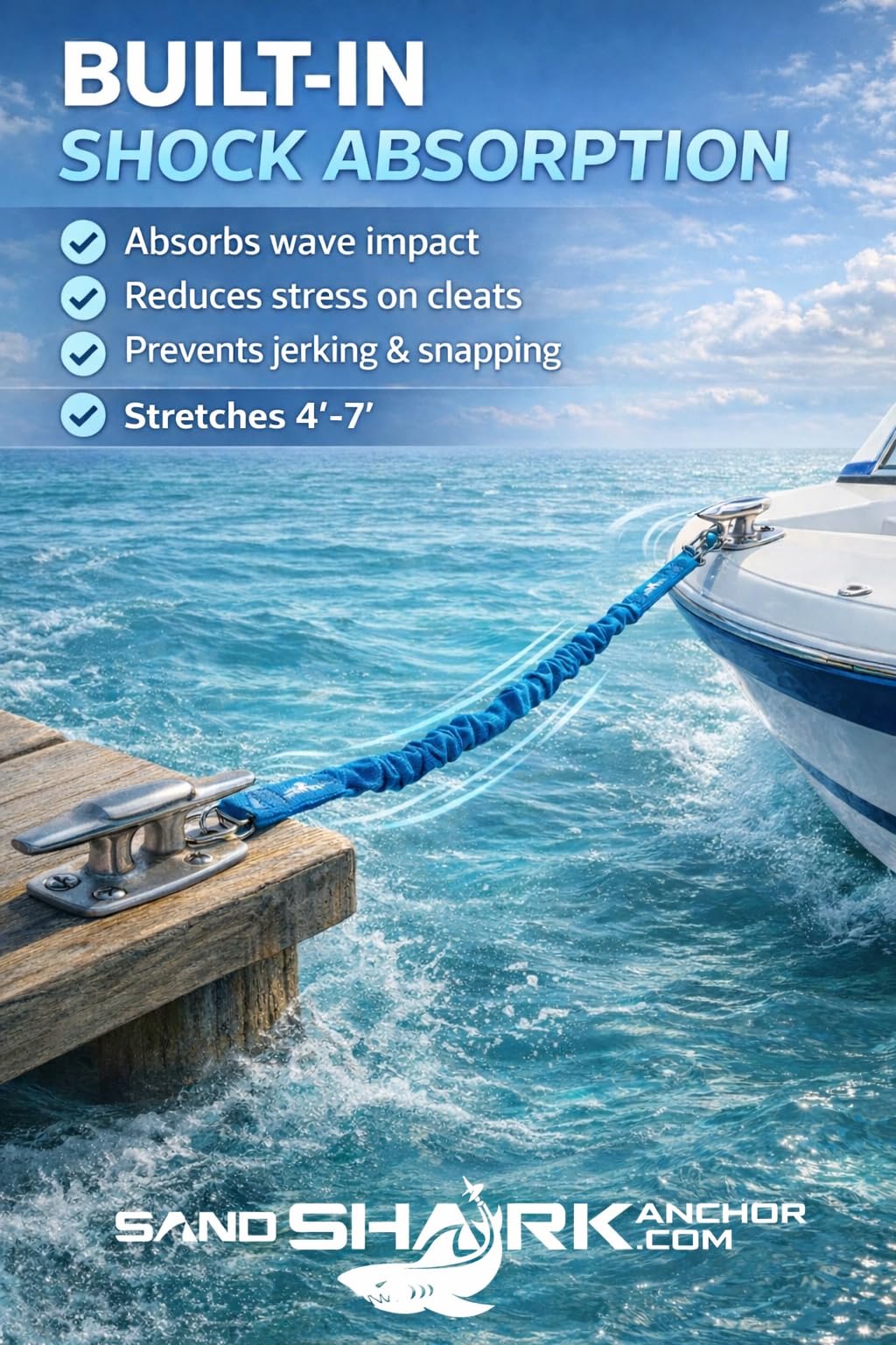 SandShark Premium Flat Bungee Dock Line – Stretches 4-7 FT - Boat & Jet Ski Dock Lines with Stainless Steel Carabiners – Shock Absorbing Mooring Rope for PWC, Boats & Pontoons. Blue