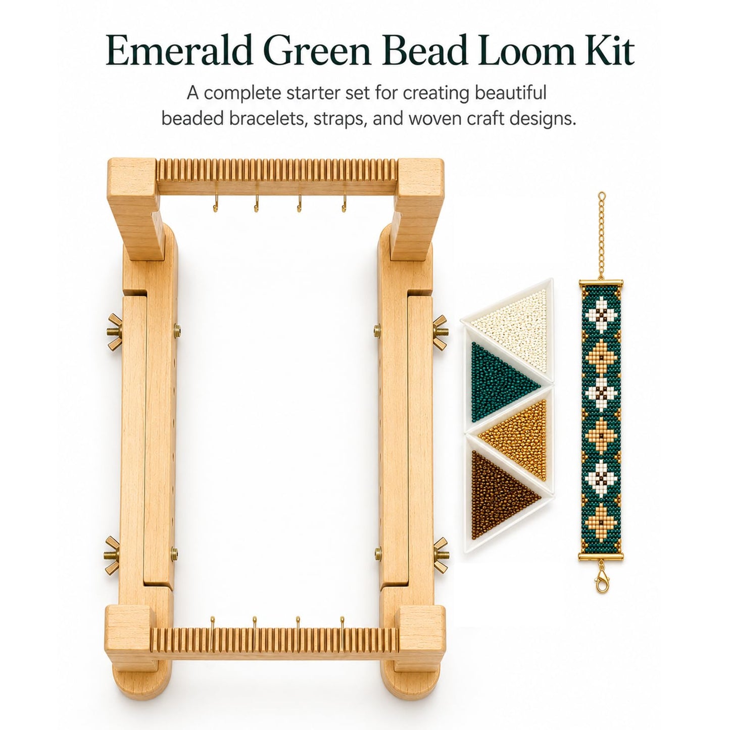TMEGMIC Adjustable Wood Bead Loom Kit - Professional Wooden Weaving Frame for Jewelry Making - Sturdy Tool for Beginners, Seed Beads, Bracelets & DIY Crafts (Natural Wood-Vintage Green Bracelet)