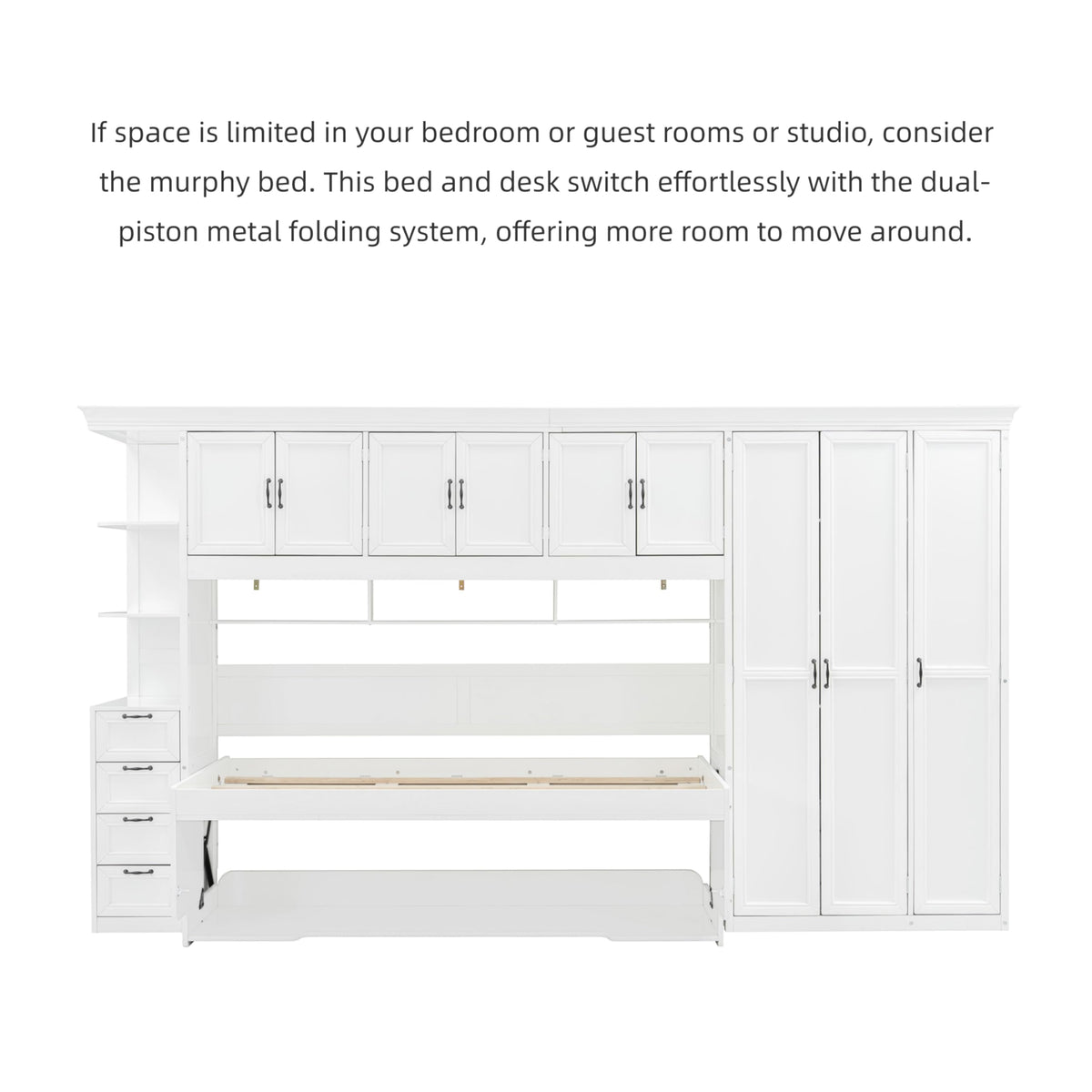 Merax Twin Size Murphy Bed with Desk, Multifunctional Wood Foldable Wall Bed with Wardrobe, Drawers and Cabinet, Space-Saving Hidden Bed for Guest Room Office, No Box Spring Needed, White