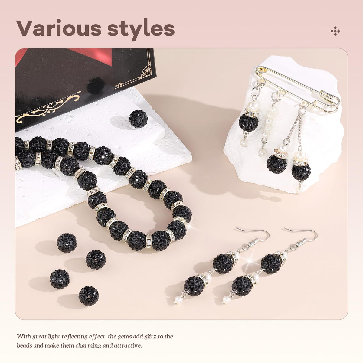 105pcs 10mm Rhinestone Beads for Jewelry Making, Black Shiny Round Disco Ball Beads Bulk, Sparkle Crystal Clay Christmas for Bracelet Baseball Necklace Earring Crafting and DIY