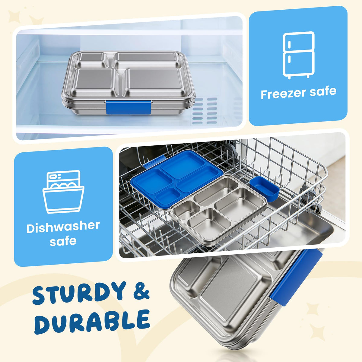 FAJSL Stainless Steel Bento Box, 4-Compartment Metal Lunch Box with Removable Silicone, Lunch Container for Kids & Adults with Silicone Inner Container, School, Office, Dishwasher Safe(Blue)