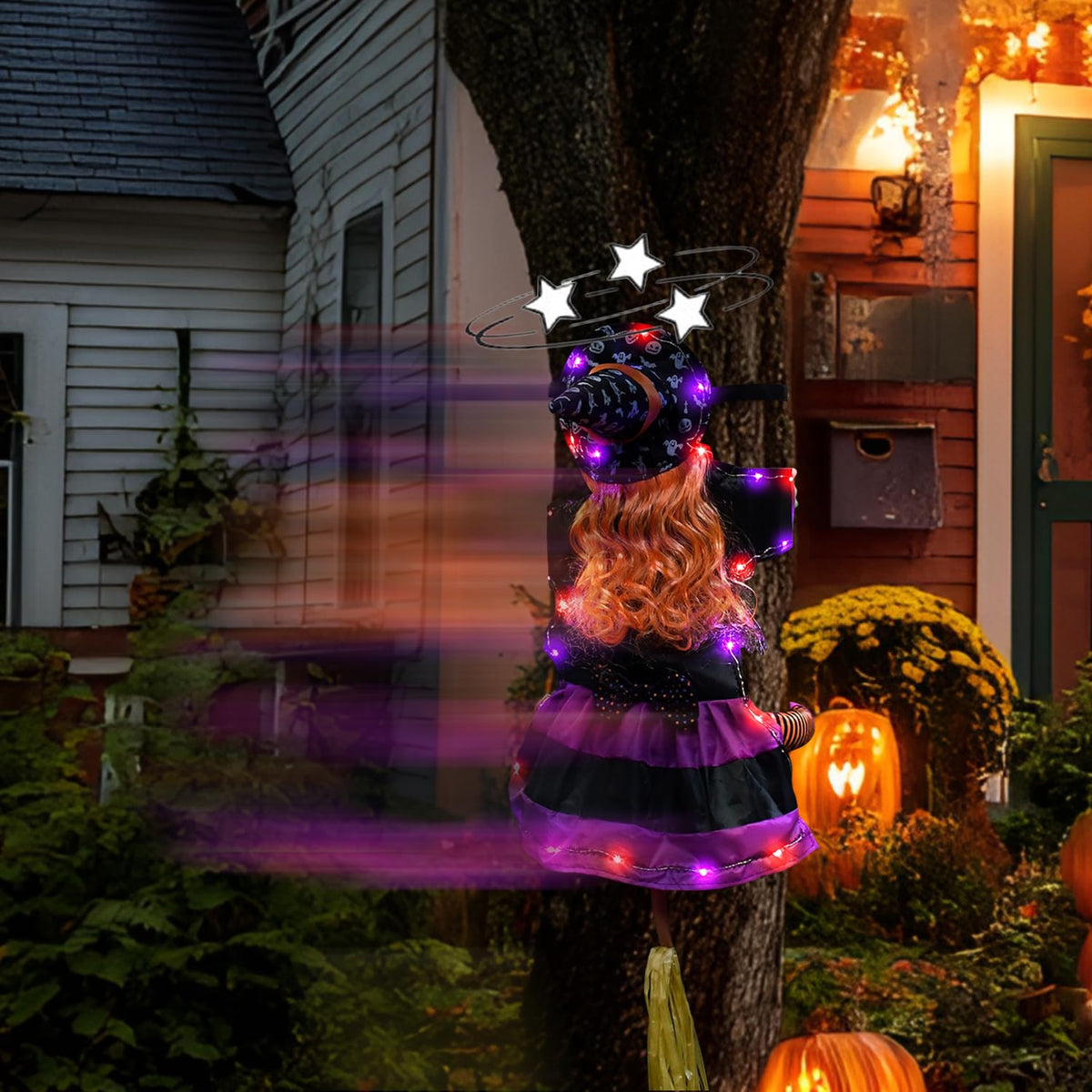 Finphoon Crashing Witch Into Tree Halloween Decoration Lighted Flying Witch Crashing into Tree, Halloween Trees Decorations, Flying Witches Hanging Decor for Yard, Garden, 48" H