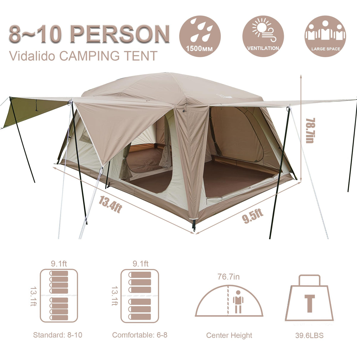 Vidalido 8-10 Person Camping Tent with 3 Door 2 Room Large Family Cabin Tents, Double Layer Waterproof Portable Glamping Tent, Big Tents for Outdoor Picnic Camping Hiking and Family Gathering