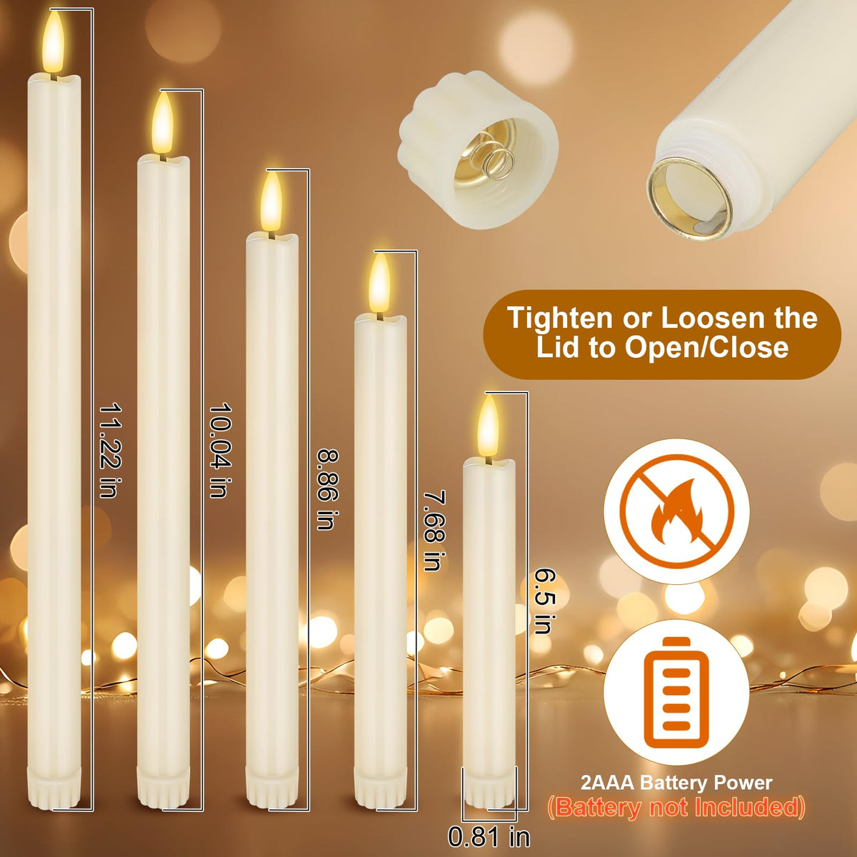 Rossesay 20 Pcs Flameless LED Taper Candles Battery Operated Taper Candles 5 Sizes of 6.5'', 7.7'', 8.8'', 10.0'', 11.2'' Flameless Candlesticks Flickering with 3D Flame for Wedding(Ivory White)