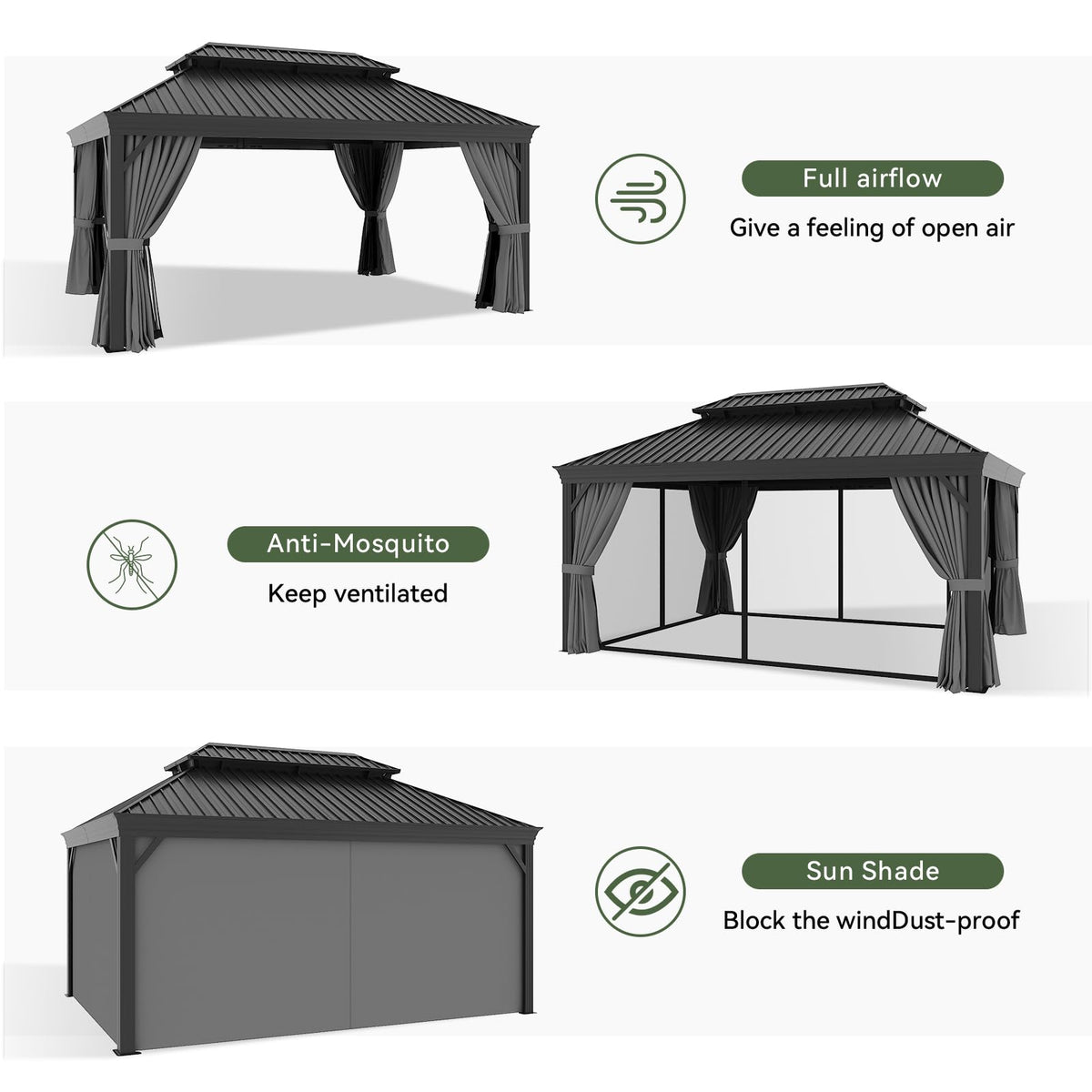 Aoxun 12' X 16' Hardtop Gazebo with Drainage System, Aluminum Outdoor Gazebo with Galvanized Steel Double Roof, Patio Permanent Metal Pavilion with Netting, for Garden, Deckyard, Grey