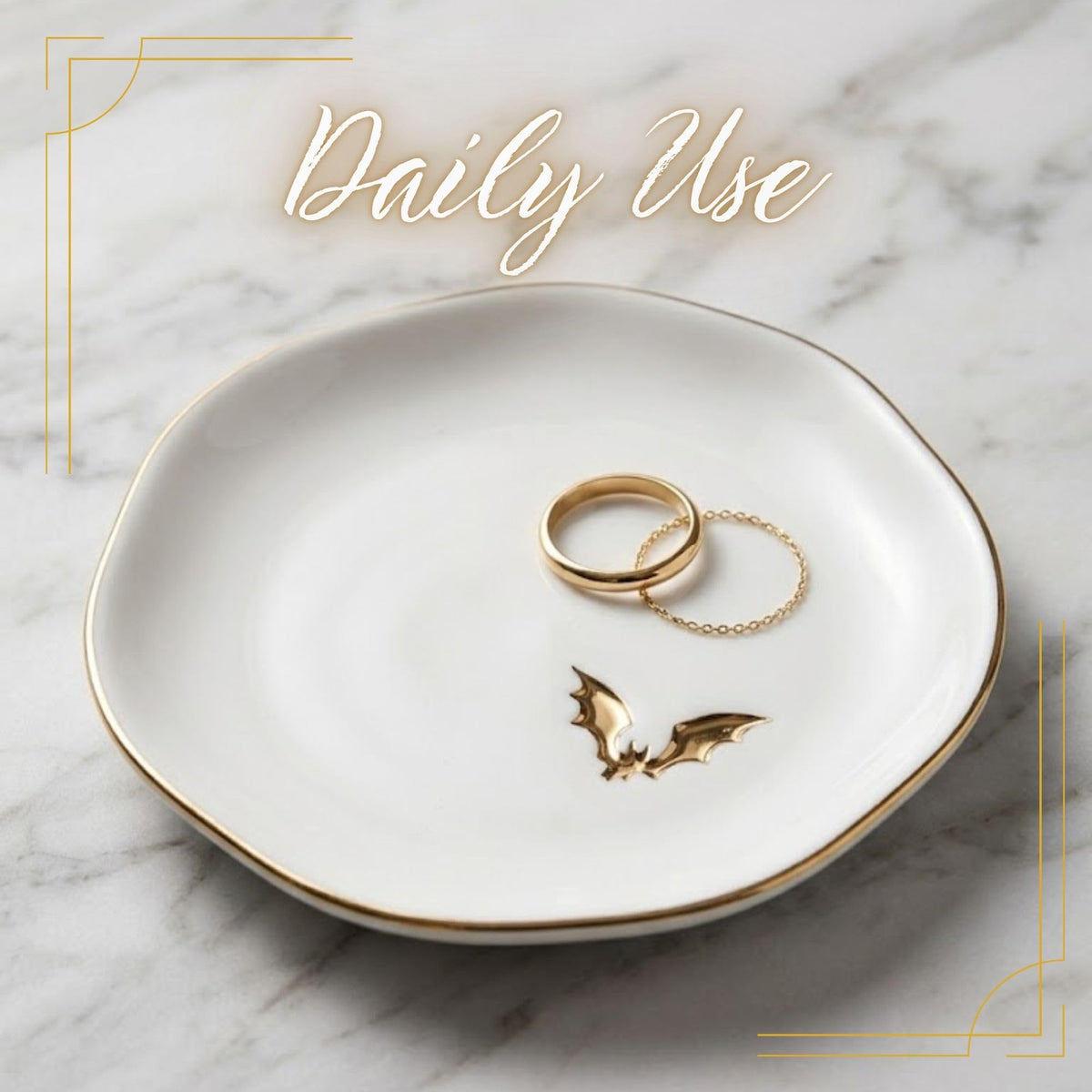 InnoBeta Bat gifts, Halloween Goth gifts, Bat Decorative Trinket Dish, 4.75" Handcrafted Ceramic Ring Dish with Gold Trim, Birthday Gift for Women